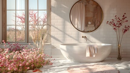 Elegant modern bathroom with a freestanding bathtub beside a window with natural light, adorned with blooming cherry blossoms for a tranquil interior design concept. 