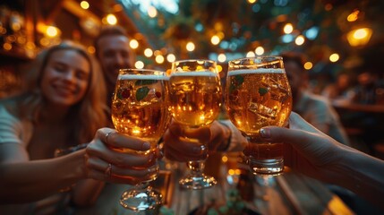 An office team toasting with drinks at a local bar after work