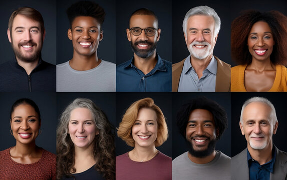 Diversity and ethnicity. Portraits of 10 people between the ages of 25 and 70 on darck background