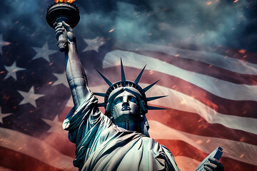 Statue of Liberty on the background of fireworks and american flag