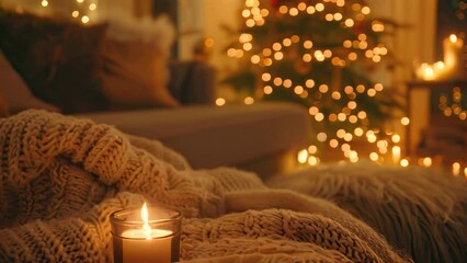 A living room featuring a Christmas tree in the background, illuminated by warm candlelight, A cozy atmosphere created by warm candlelight and twinkling fairy lights