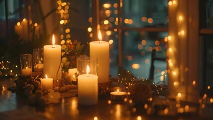 Several lit candles casting a warm glow on a table in a cozy setting, A cozy atmosphere created by warm candlelight and twinkling fairy lights