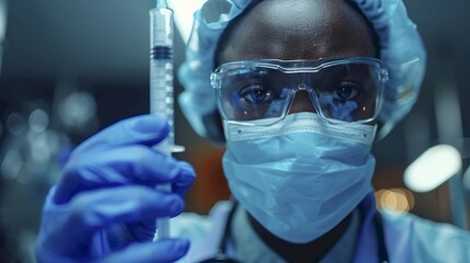 A medical professional holding a syringe, preparing to administer a vaccine The background is a sterile clinic, emphasizing the importance of immunity and healthcare