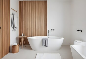 A modern bathroom interior with a freestanding bathtub, and a large blank white wall space for mockup, wooden wall details, and light. 3D Rendering