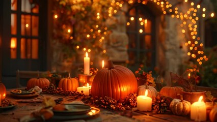 A table adorned with an array of candles and pumpkins, creating a cozy autumn ambience, A cozy autumn scene with a table set for a Thanksgiving feast, complete with pumpkins and candles