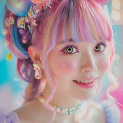 colorful and vibrant fantasy portrait of a smiling young woman with pink hair and glittery makeup