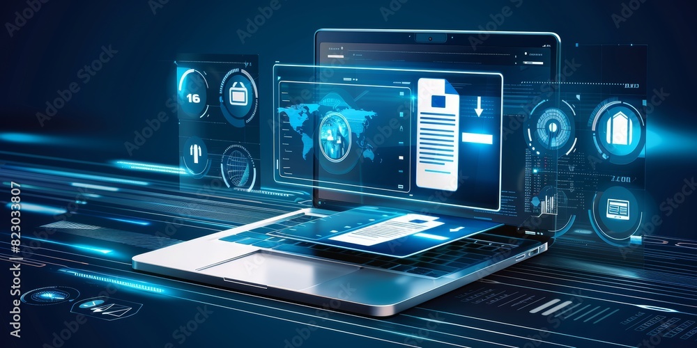 Leinwandbilder A Laptop Screen Displaying Secure Data Files and Technological Interfaces in a Modern, Connected Environment, Generative AI
