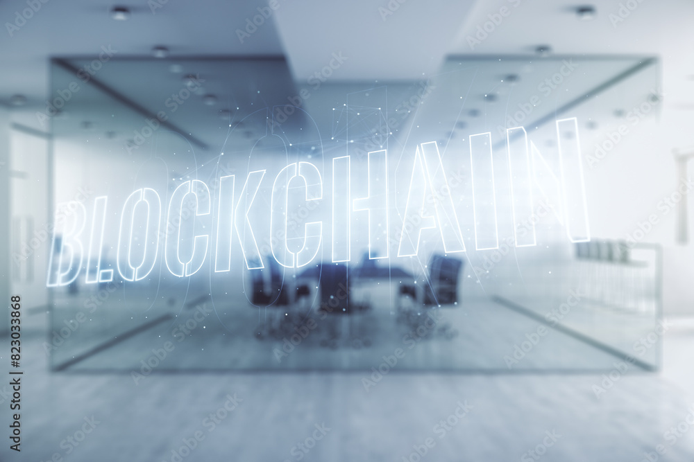 Poster abstract virtual blockchain technology hologram on a modern furnished classroom background, cryptogr
