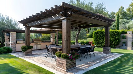 Luxurious outdoor kitchen pavilion with dining area in a lush garden setting 