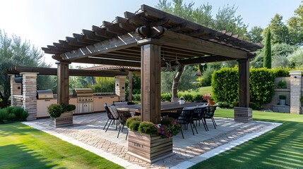 Luxurious outdoor kitchen pavilion with dining area in a lush garden setting  - Powered by Adobe