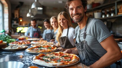 Employees sharing a pizza lunch in the office kitchen