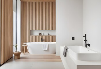 Fototapeta na wymiar A modern bathroom interior with a freestanding bathtub, and a large blank white wall space for mockup, wooden wall details, and light. 3D Rendering