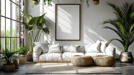 Modern living room interior with comfortable sofa and natural light shining through large windows, perfect for a cozy home design concept. 