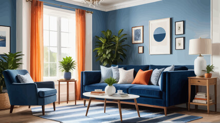 a living room with a blue couch and two chairs