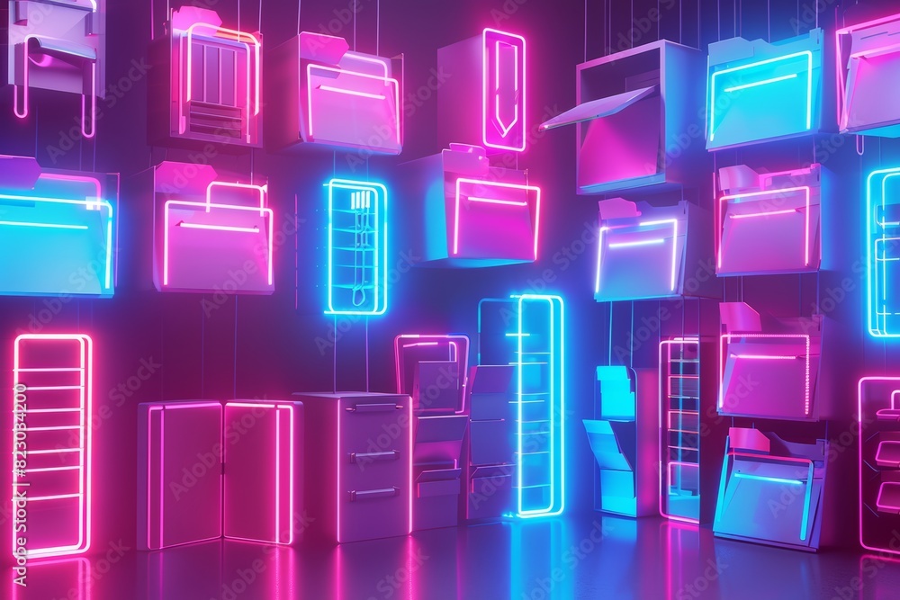 Poster futuristic digital folders: glowing neon icons representing data storage and cyber organization in a