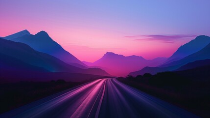 A mountain road at twilight, with the silhouette of mountains against a lavender and pink sky. The...