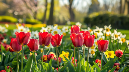 Blooming colorful tulips at the public flower garden. Lisse, Holland, Netherlands.