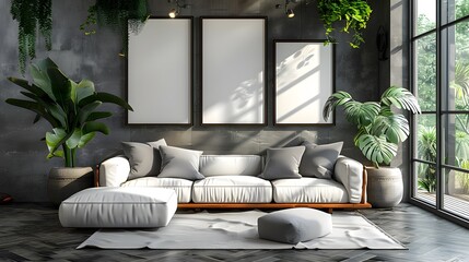 Modern living room interior design with blank frames, comfortable sofa, and indoor plants in a sunlight-filled space. 