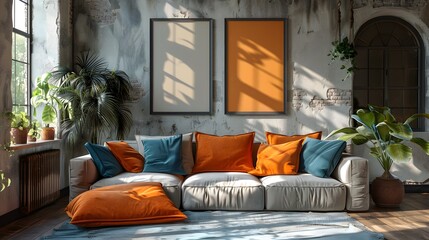 A cozy modern living room with a comfortable white couch adorned with orange and blue pillows and sunlight casting warm shadows on the wall 