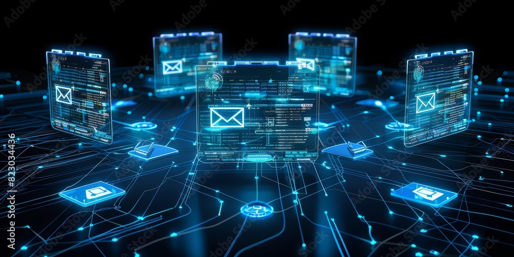 Poster Digital Communication Network: Secure Email Interfaces Representing Cybersecurity and Data Connection in an Online Technological Environment, Generative AI