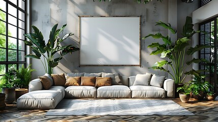 Modern living room interior with a comfortable sofa and green plants under natural light with a blank frame on the wall, suitable for design mockups 