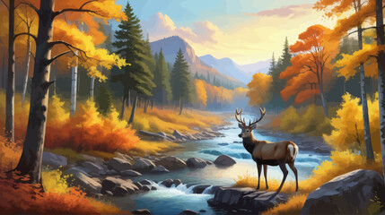 a painting of a deer by a stream