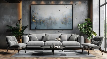 Elegant modern living room with a large comfortable sofa and stylish decor accentuated by a large abstract painting on a concrete wall.