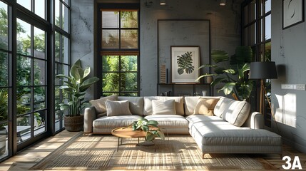 A modern living room with a large sectional sofa, tall windows, and lush indoor plants illuminated by natural light.
