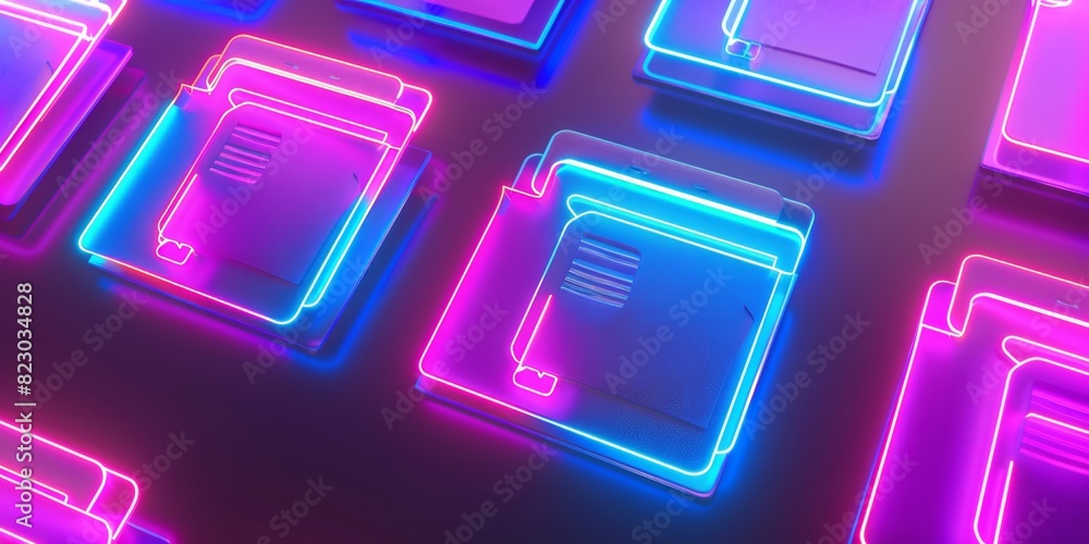 Poster Futuristic Digital Folders: Glowing Neon Icons Representing Data Storage and Cyber Organization in a Modern, Technological Setting, Generative AI