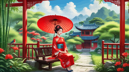 Obraz premium a woman sitting on a bench holding a red umbrella