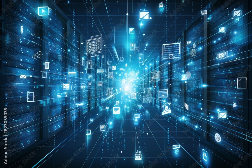 Leinwandbilder a digital network of cyber technology and information storage systems in a modern, connected environ