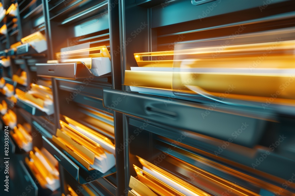 Poster Organized Files: Rows of Office Documents and Folders Neatly Arranged for Efficient Archiving and Information Management in a Business Environment, Generative AI