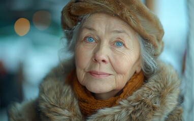 An elderly woman wearing a fur hat and scarf while walking in the park during winter