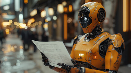 orange robot getting papers handouted by a human in a lighty office,generative ai