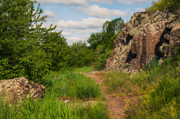 Rock mountaine trail in forest for trekking and hiking. Trees, grass, stones