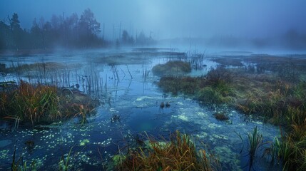 Misty wetland landscape with calm waters and lush vegetation