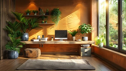 A modern and cozy home office interior bathed in warm sunlight with lush green plants and a minimalist wooden desk setup, showcasing a tranquil work-from-home environment. 