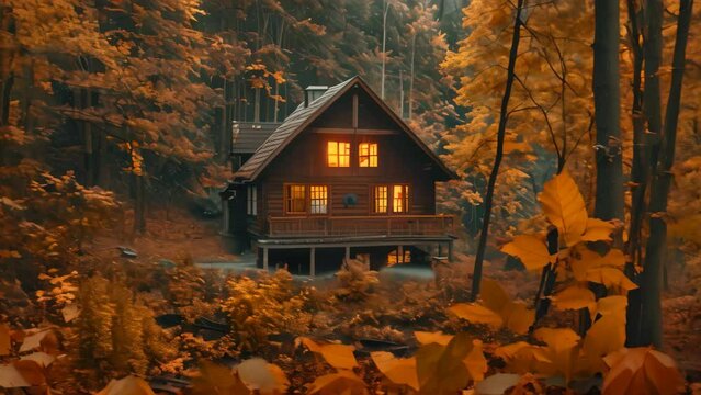 A cabin nestled in a forest surrounded by tall trees with changing leaves, A cozy cabin nestled among a forest of changing leaves