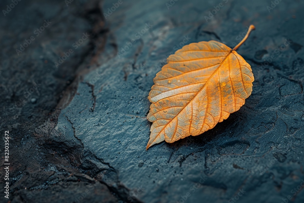 Poster Autumn leaf on dark slate background