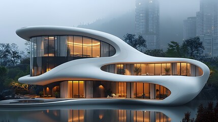A futuristic house with a unique curvilinear structure illuminated at dusk reflects on a tranquil water surface against a foggy cityscape backdrop. 
