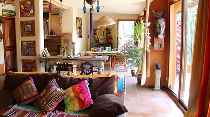 A vibrant and eclectic living room decorated with colorful cushions, ethnic art, and indoor plants, invoking a warm bohemian ambiance. 