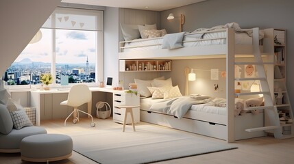 A modern cozy child's bedroom interior with bunk beds and a study area at dusk with a city view in the background. 