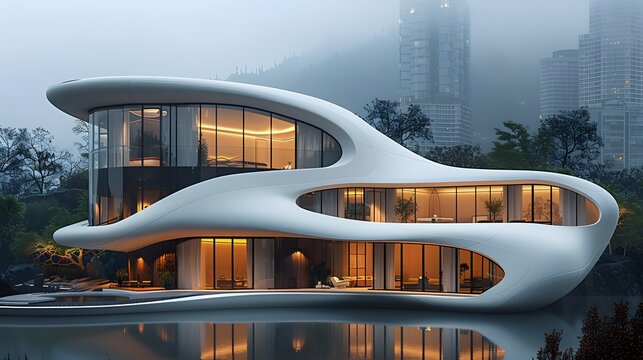 A futuristic house with a unique curvilinear structure illuminated at dusk reflects on a tranquil water surface against a foggy cityscape backdrop. 