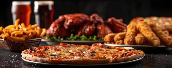 Assorted delicious foods including pizza, chicken wings, fries, and drinks on a table, perfect for a feast or party gathering.
