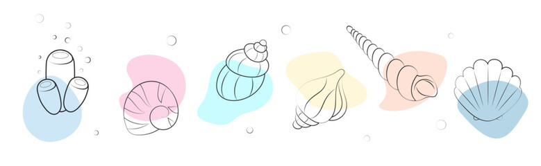 Hand drawn seashells set in a boho style. Minimalist abstract organic shapes of marine life. Vector doodle illustration isolated on white background. 