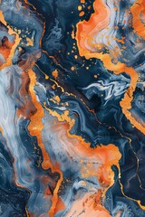 Abstract marble background with orange and navy blue pattern. Liquid marble texture