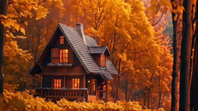 A cozy cabin surrounded by tall trees in a lush forest setting, A cozy cabin nestled in a patch of golden-hued trees