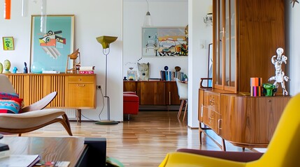 Bright mid-century modern living room interior with stylish furniture and colorful decor accents 