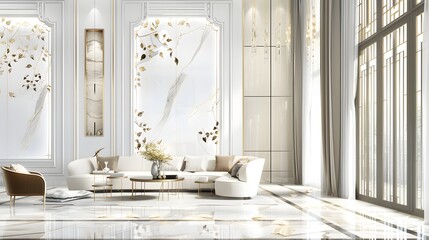 Luxurious modern living room interior with elegant furniture and golden accents, bathed in natural light. 