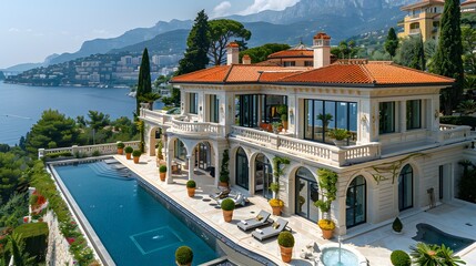 Luxurious seaside villa with large swimming pool overlooking a scenic coastal landscape. - Powered by Adobe